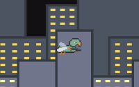 A green duck with wings in front of a city